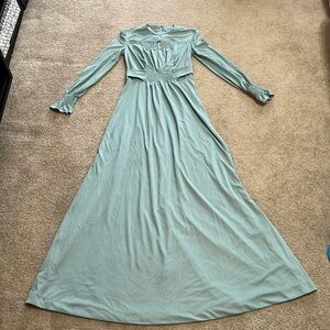 1970s Vintage Mint Maxi Dress Stretch Smocking Gathered Long Sleeves Tie Back